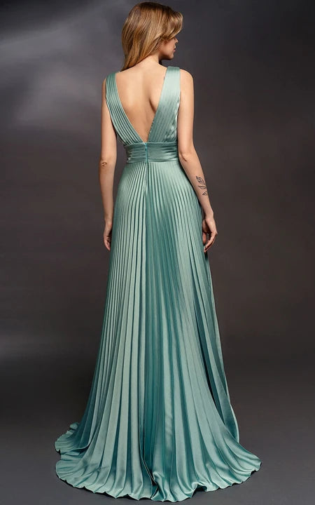 A-line Formal Pleated V-neck Sleeveless Dress with Low-v Back Floor Length Prom Dress/Dress For Formal
